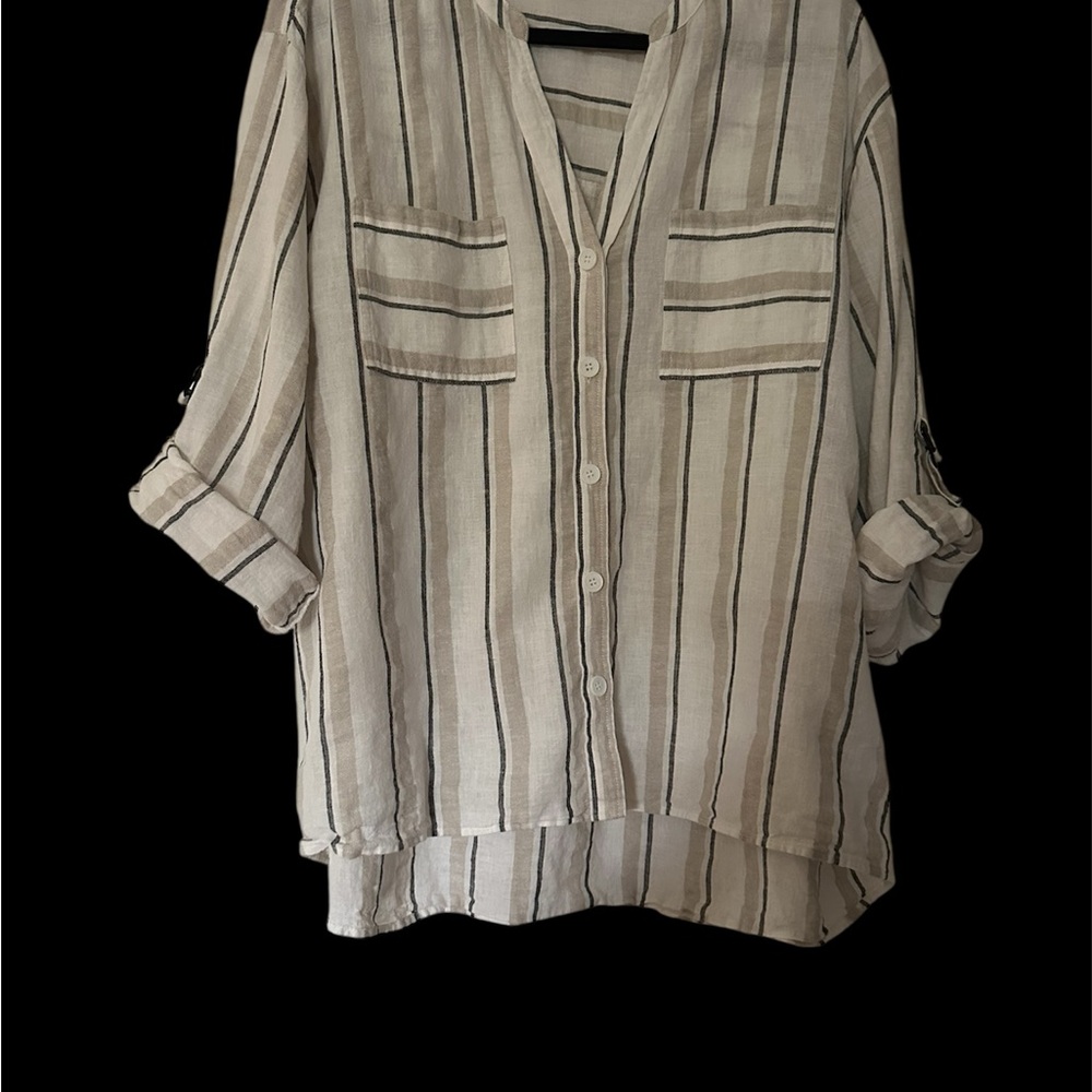 Vince Camuto Striped Beige Button-Up Blouse - Picture 2 of 5